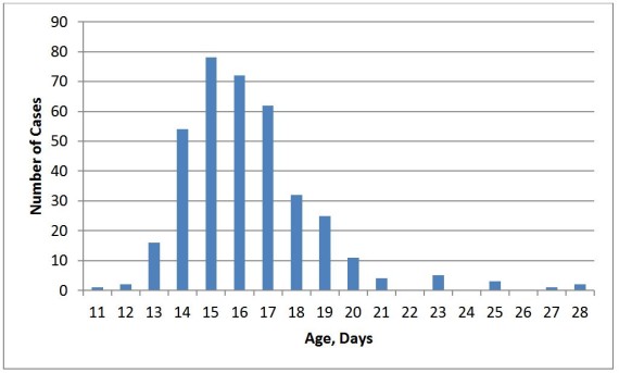 Figure 1. Age of onset of NE in drug-free birds vaccinated with four different coccidiosis vaccines